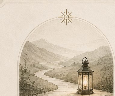 En upplyst lykta på en stig genom ett bergslandskap
