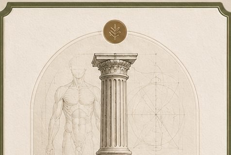 En klassisk pelare framför anatomiska och geometriska skisser