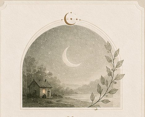 Ett litet hus under en stor måne i ett stilla landskap.