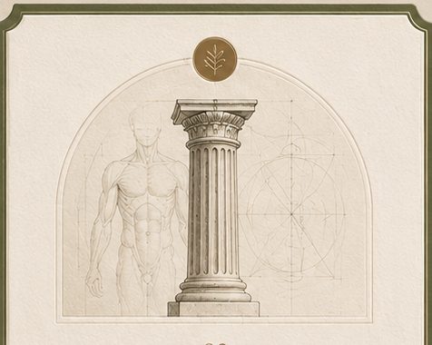 En klassisk pelare framför anatomiska och geometriska skisser.