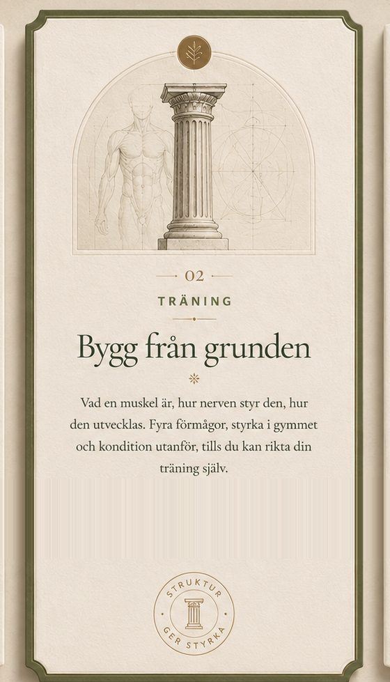 Träning: Bygg från grunden, med en klassisk pelare och anatomiska skisser.