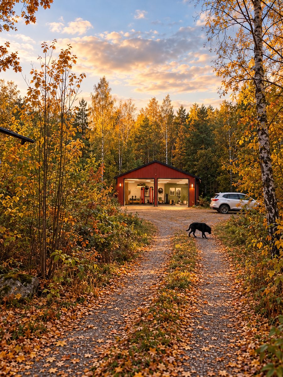 Den röda gymbyggnaden i skogsbrynet med båda portarna öppna. En grusväg leder fram, en bil står parkerad vid sidan och en svart hund går över vägen.