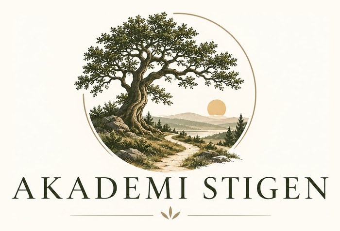 Akademi Stigens logotyp: en ek vid en stig, med sjö och sol